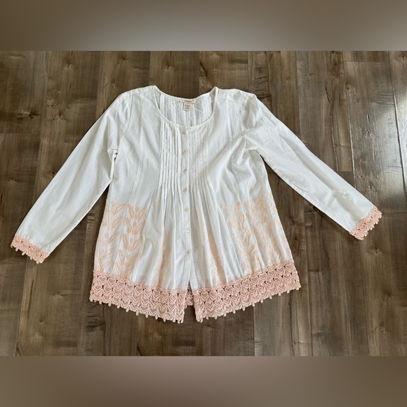 Sundance Tops - Sundance Tunic Embroidered White Peach Women's Small Pleated Button Up